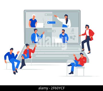 Business Video Gruppenkonferenz oder Teambesprechung online. Business Business Business-Team mit Laptop für ein Online-Meeting oder Schulung in Videoanruf, flach vecto Stock Vektor