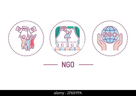 NGO Color Line Icons Konzept. Gemeinnützige Gemeinschaft. Wohltätigkeitsorganisation, Konzept der humanitären Hilfe. Stock Vektor