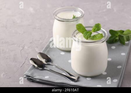 Hausgemachter Bio-Joghurt und Minze in zwei Gläsern auf hellgrauem Hintergrund. Stockfoto