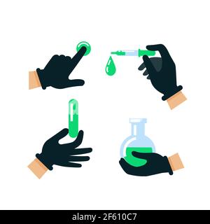 Arzt oder Wissenschaftler Hände in Latexhandschuhen. Kernenergie. Hände in Schutzhandschuhen mit gefährlichen Substanzen. Medizin, Wissenschaft und Biologie Stock Vektor