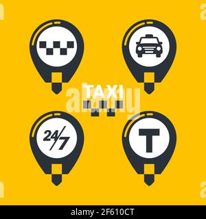 Symbole für den Taxidienst. Taxi Karte Pins mit Checkers, Taxi-Auto, T-Zeichen und vierundzwanzig-sieben Zeichen auf gelbem Hintergrund. lat-Stil Vektor-Illustration Stock Vektor