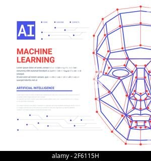 Web-Vorlage für Machine Learning-System. Menschliches Gesicht bestehend aus Polygonen, Punkten, Linien und binären Datenfluss auf blauem Hintergrund. Künstliche Intelligenz Stock Vektor