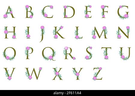Großbuchstaben des Alphabets mit Blumen. Die Buchstaben des englischen Alphabets sind mit Blumen und Blättern verziert. Buchstaben mit Pink trennen Stock Vektor