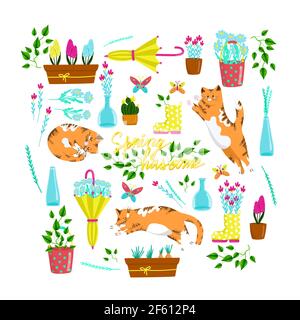 Sammlung von Frühlingselementen mit Katzen in verschiedenen Posen, Satz von schönen Frühlingsblumen und Kompositionen, florale Vektor-Objekte im Cartoon-Stil Stock Vektor