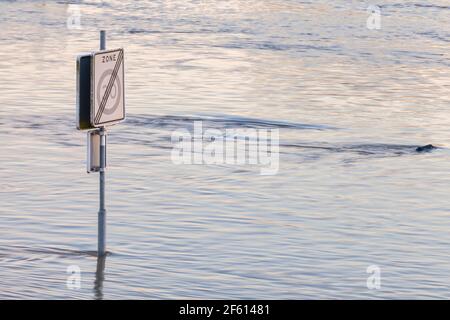 Überschwemmten Verkehrsschild entlang der niederländischen Fluss IJssel in der Provinz Gelderland Stockfoto