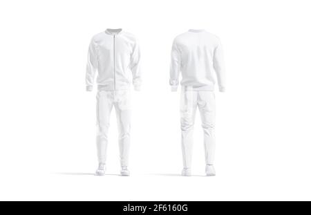 Weißer Sport-Trainingsanzug mit Bomber, Hose und Sneakers-Mockup Stockfoto