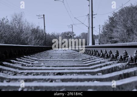 Bahngleise, die von Bäumen umsäumt sind und in die Ferne führen. Eisenbahnschienen und Straßen-Metall. Stockfoto