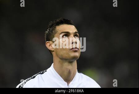 Der Fußballspieler Cristiano Ronaldo des FC Juventus porträtierte vor dem Spiel AC Milan gegen FC Juventus in der Serie A. Stockfoto