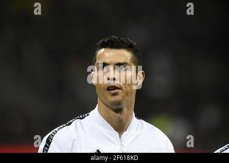 Der Fußballspieler Cristiano Ronaldo des FC Juventus porträtierte vor dem Spiel AC Milan gegen FC Juventus in der Serie A. Stockfoto