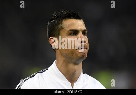 Der Fußballspieler Cristiano Ronaldo des FC Juventus porträtierte vor dem Spiel AC Milan gegen FC Juventus in der Serie A. Stockfoto