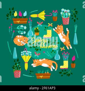 Sammlung von Frühlingselementen mit Katzen in verschiedenen Posen, Satz von schönen Frühlingsblumen und Kompositionen, florale Vektor-Objekte im Cartoon-Stil Stock Vektor