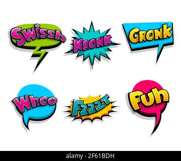 Beschriftung . Soundeffekte mit Comic-Logo. Vektorblase Symbol Sprachphrase, Zeichentrickfilm Schriftart Etikett, Sounds Illustration. Comics Buch lustigen Text. Stock Vektor