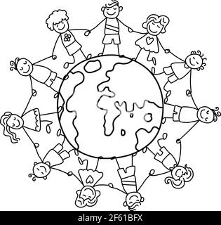 Welt Kinder Cartoon Stick Figur blac Linie Zeichnung Vektor Illustration Stock Vektor