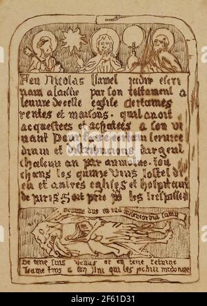 Grabstein von Nicolas Flamel, französischer Schreiber Stockfoto