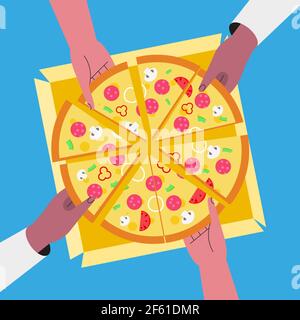 Die Leute essen zusammen und teilen sich eine riesige Pizza. Hands top view. Flacher Style. Vektorgrafik Stock Vektor