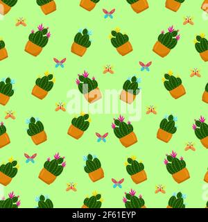 Nahtloses Muster mit verschiedenen Blumen in Töpfen, niedlichen Baby-Print, Blumenfrühlingsmuster in Cartoon-Stil, Multicolored Kakteen in Töpfen, Handzeichnung, Vektor. Stock Vektor