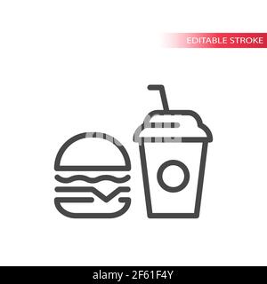 Vektor-Symbol für Burger und Limonade. Fastfood-Umrisssymbol, bearbeitbarer Strich. Stock Vektor