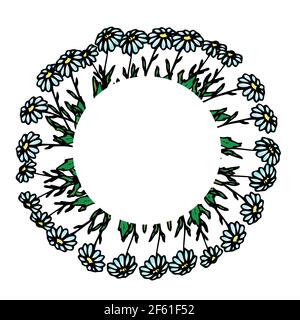 Runder Rahmen mit Gänseblümchen, Gänseblümchen-Kranz, Blumenarrangement, Blumenmuster für Dekor, florales Design, Vektorblumen im Handzeichnen-Stil, Doodle. Stock Vektor