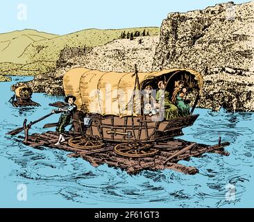 Pioniere mit Wagon auf dem Raft, Oregon Trail Stockfoto