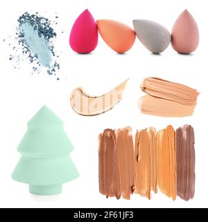 Set von Make-up Schwämme und Proben von dekorativer Kosmetik auf Weißer Hintergrund Stockfoto