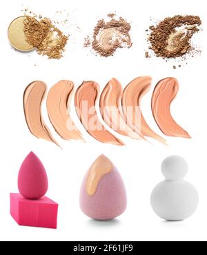 Set von Make-up Schwämme und Proben von dekorativer Kosmetik auf Weißer Hintergrund Stockfoto