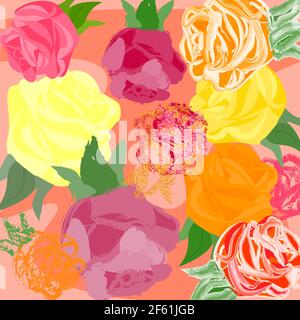 Abstraktes mehrlagiges Blumenmuster mit farbigen Rosen und Blättern Rosa Hintergrund Stock Vektor