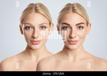 Junge Frau vor und nach Augenbrauenkorrektur auf hellem Hintergrund Stockfoto
