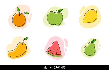 Set von Früchten Symbole. Apfel, Orange, Mango, Zitrone, Wassermelone, Birne minimalistischen Linien Stil Vektor Illustration Stock Vektor