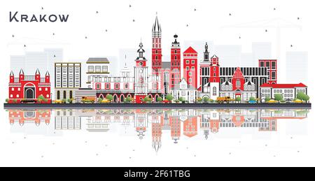 Krakau Polen City Skyline mit farbigen Gebäuden und Reflektionen isoliert auf Weiß. Vektorgrafik. Reise- und Tourismuskonzept. Stock Vektor