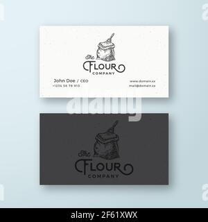 Flour Company Abstract Vektor Logo und Visitenkarte Vorlage. Flour Bag oder Sack mit Scoop Skizze Zeichnung und Retro Typografie. Klassisches Luxus-Emblem Stock Vektor