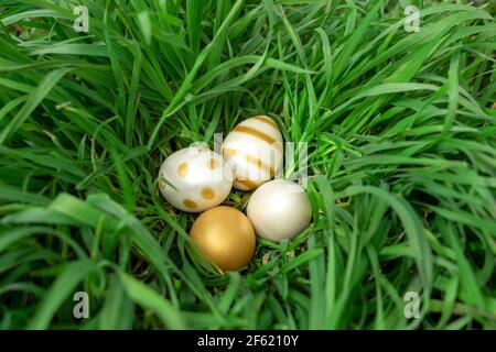 Elegante Gold weiß glänzend Esser Eier in der großen grünen Gras. Stockfoto