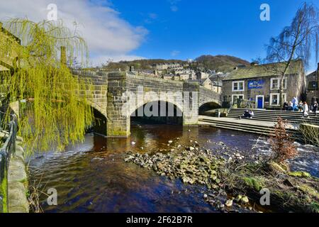 Packhorse Bridge, Hebden Water, Hebden Bridge, Calderdale, West Yorkshire Stockfoto