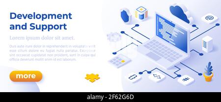 WEB-ENTWICKLUNG UND SUPPORT - Isometrisches Design in trendigen Farben Isometrische Icons auf blauem Hintergrund. Banner Layout Vorlage für Website-Entwicklung Stock Vektor