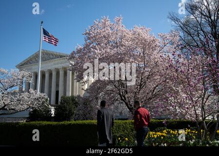 Washington, USA. März 2021, 29th. Eine allgemeine Ansicht des Obersten Gerichtshofs der Vereinigten Staaten mit blühenden Kirschbaumblüten, in Washington, DC, am Montag, 29. März, 2021, inmitten der Coronavirus-Pandemie. Letzte Woche hat Präsident Biden in seinen ersten 100 Tagen im Amt ein neues Ziel von 200 Millionen Impfdosen festgelegt, wie amerikanische Gesundheitsexperten warnen, dass eine neue Welle von COVID-19-Fällen beginnen könnte, da die Infektionszahlen in vielen Regionen des Landes steigen. (Graeme Sloan/Sipa USA) Quelle: SIPA USA/Alamy Live News Stockfoto