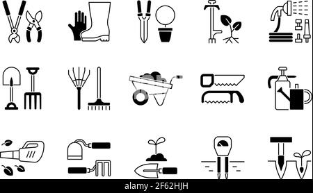 Gardening Tools schwarz lineare Symbole gesetzt Stock Vektor