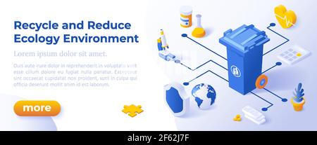 Ökologie Umwelt Konzept - Isometrisches Design in trendigen Farben Isometrische Icons auf blauem Hintergrund. Banner Layout Vorlage für Website-Entwicklung Stock Vektor