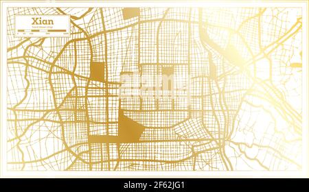 Xian China Stadtplan im Retro-Stil in Golden Color. Übersichtskarte. Vektorgrafik. Stock Vektor