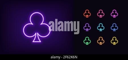 Neon-Clubanzug-Ikone. Leuchtende Neon Clubs Zeichen, Umriss Kartenanzug Symbol und Silhouette in lebendigen Farben. Pokerraum, Kartenspiel und Trick, Poker-Tour Stock Vektor