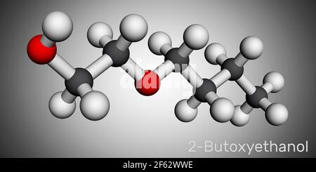 2-Butoxyethanol, Butoxyethanolmolekül. Es ist primärer Alkohol und Äther. Verwendet als Lösungsmittel und zur Herstellung von Farben und Lack. Molekularmodell. 3D Rendern Stockfoto