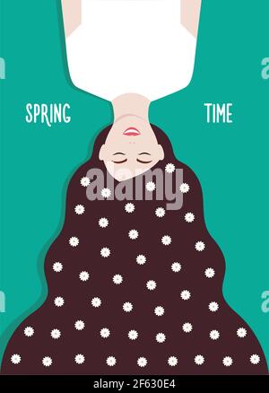 Langhaarige Brünette Mädchen mit Kamillen in ihren Haaren an Grüner Hintergrund Stock Vektor