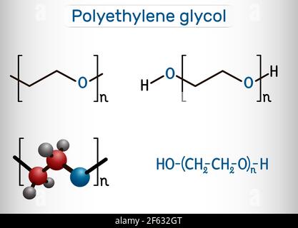 Polyethylenglykol, PEG, Polyethylenoxid, PEO, Polyoxyethylen, POE-Molekül. Es ist vielseitiger Polyether, E1521. Strukturelle chemische Formel und Mo Stock Vektor