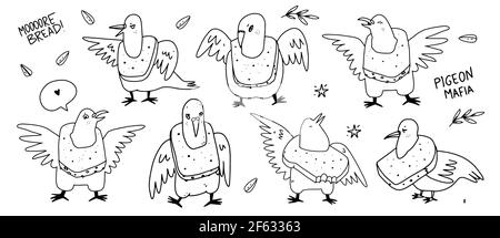 Cartoon Tauben Vögel mit einem Brot Halskette. Skizzieren Sie handgezeichnete Doodle Vektor Illustration von Tauben. Satz von Taubenzeichen. Ungeschickt, sarkastisch und e Stock Vektor