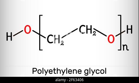 Polyethylenglykol, PEG, Polyethylenoxid, PEO, Polyoxyethylen, POE-Molekül. Es ist vielseitiger Polyether, E1521. Strukturelle chemische Formel und Mo Stock Vektor