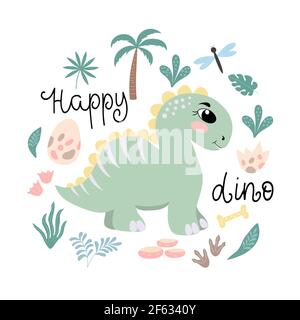 Niedliche Cartoon-Dinosaurier, Blätter - glücklich Dino Stock Vektor