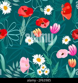 Nahtloses Muster aus Mohn, Tulpe und Gänseblümchen Blumen auf dunklem Hintergrund für Textil, Tapete, Vektor-Illustration. Stock Vektor