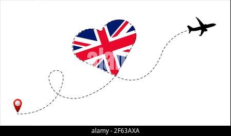 Flugstrecke mit der Flagge des Vereinigten Königreichs im Herzen. Reise in dein geliebtes Land. Vektorgrafik. Stock Vektor