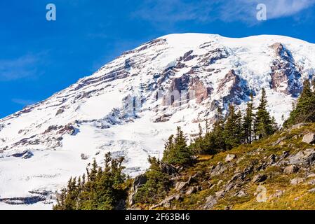 Mount Rainier National Park im Spätherbst vom Skyline Trail Zeigt eine detaillierte Ansicht der Südflanke des Vulkanischer Gipfel und die Gletscher Stockfoto