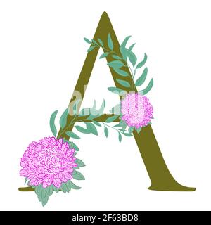 Großbuchstabe A, verziert mit Blumen. Buchstabe A mit rosa Astern und Blättern. Stilisierte Alphabet Buchstaben mit Blumen.Vektor. Stock Vektor