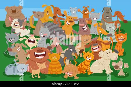Cartoon Illustration von Comic-Katzen und Hunde lustige Tierfiguren Große Gruppe Stock Vektor