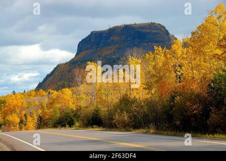 Atemberaubende gelbe und bernsteinfarbene Blätter stehen neben einer Straße mit Mt. McKay im Hintergrund, an einem teilweisen sonnigen Tag. Stockfoto